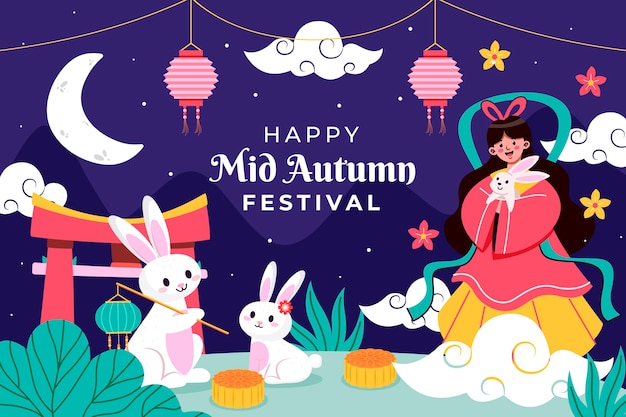 Vettore gratuito sfondo piatto per la celebrazione del festival di metà autunno