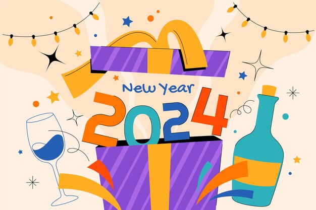 Flat background for new year 2024 with gift box and champagne bottle