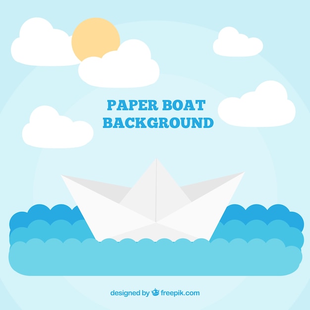 紙ボートの平らな背景と青色の波