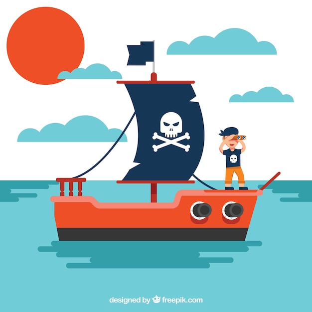 Free vector flat background of pirate on his ship