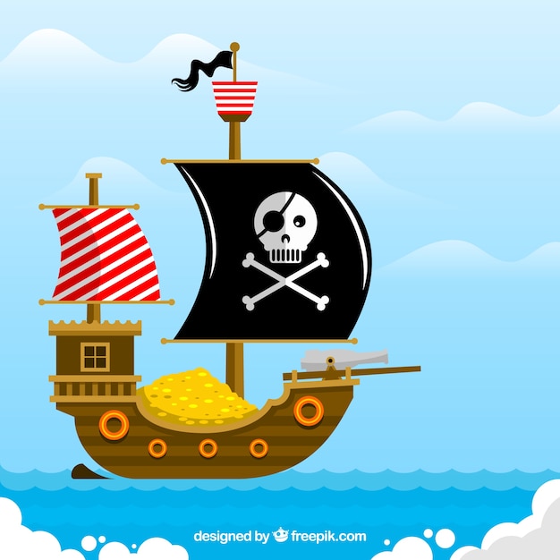 Flat background of pirate ship full of gold coins