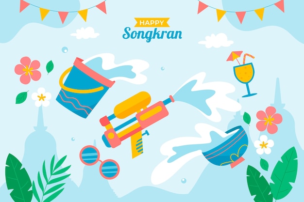 Vettore gratuito sfondo piatto per la celebrazione del festival dell'acqua songkran