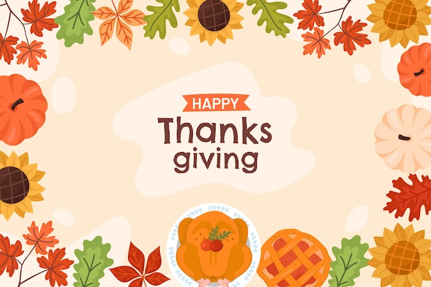 flat background for thanksgiving celebration with food and leaves