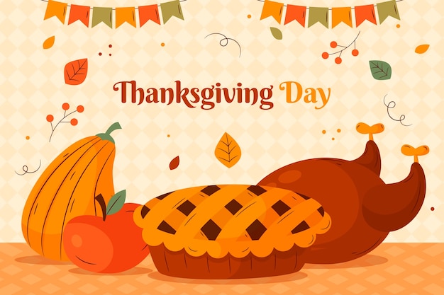 Free vector flat background for thanksgiving with pie and turkey