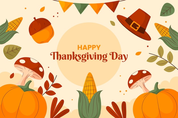 Free vector flat background for thanksgiving with pumpkin and mushroom