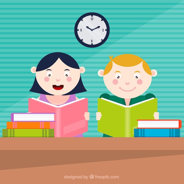 Flat background of two kids reading