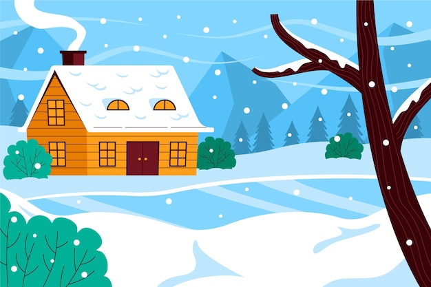 Free vector flat background for winter season with house and snow