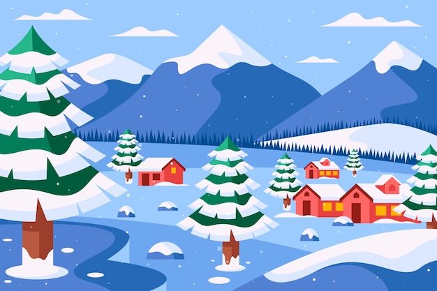 Free vector flat background for winter season with house and trees