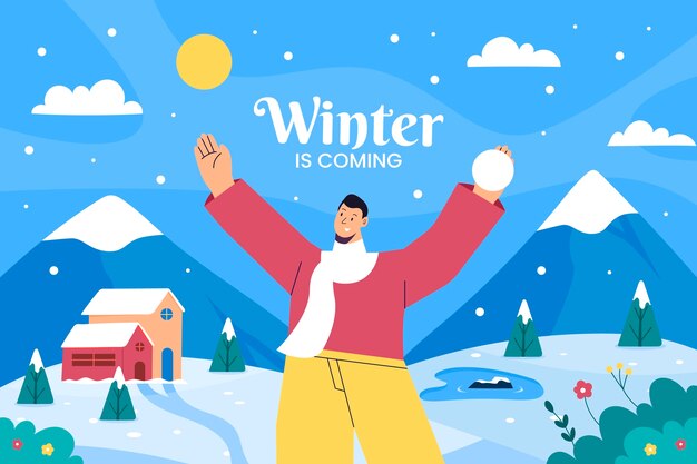Free Vector flat background for winter season with man outdoors and mountains