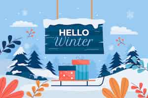 Free vector flat background for winter season with placard and sleigh of presents