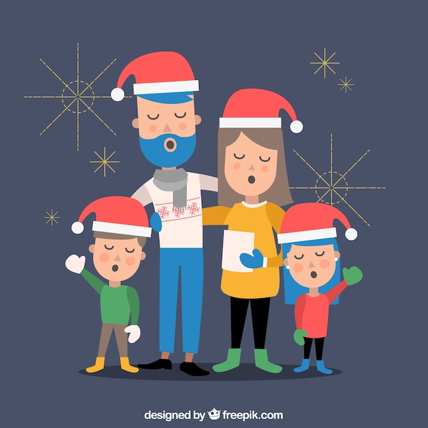 Бесплатное векторное изображение Плоский фон с семьей, поющей рождественскую гимн