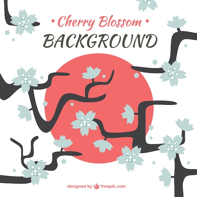 Flat background with blue cherry blossoms