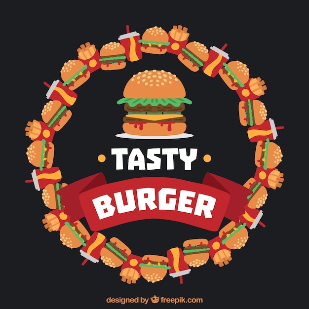 Бесплатное векторное изображение Плоский фон с бургер и пить венок