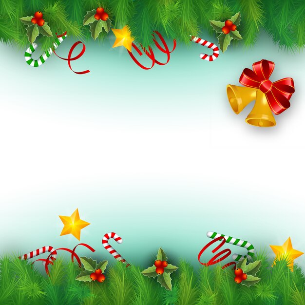 Flat background with christmas tree branches and different decorations vector illustration