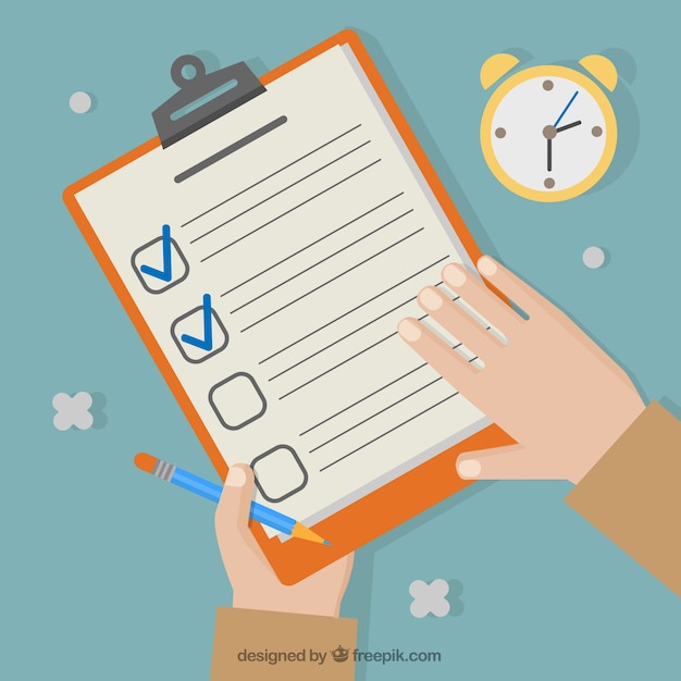 Free vector flat background with chronometer and hands holding a checklist