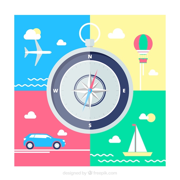 Flat background with compass and transports