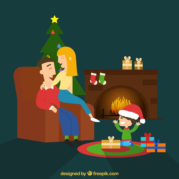 Flat background with a family by the fireplace