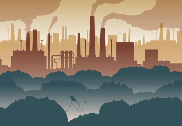 Flat background with green trees and numerous factory chimneys polluting air illustration