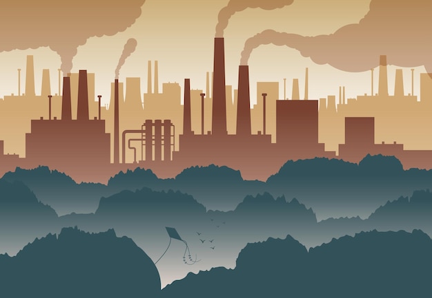 緑の木々と空気の図を汚染する多数の工場の煙突と平らな背景