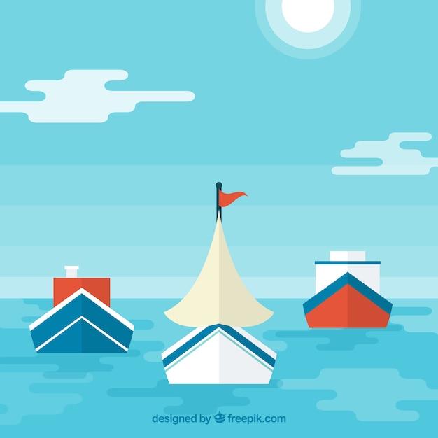 Flat background with sea and variety of boats