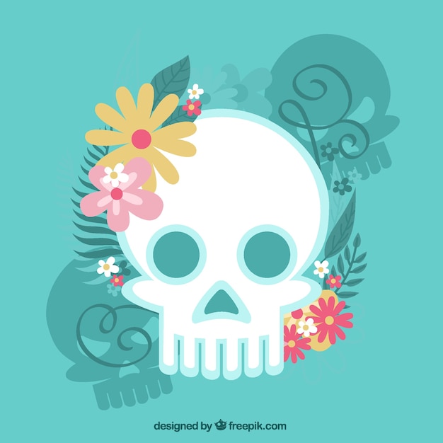 Free vector flat background with skull and colored flowers