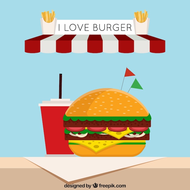 Бесплатное векторное изображение Плоский фон с вкусным гамбургером и напитком