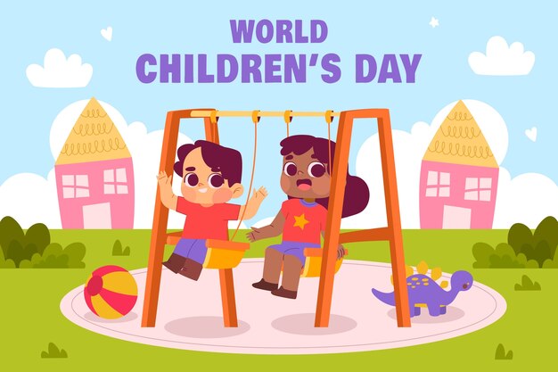 子供たちが遊んでいる世界子供の日のお祝いのフラット背景
