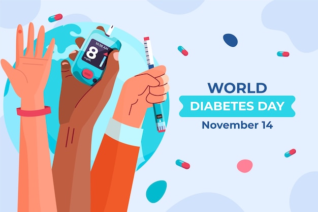 Vettore gratuito sfondo piatto per la consapevolezza della giornata mondiale del diabete