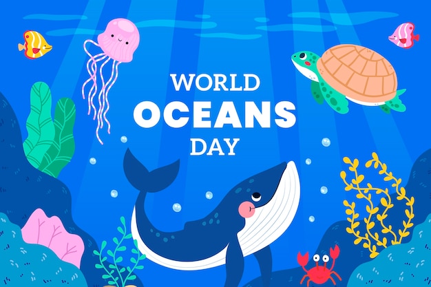 Flat background for world oceans day celebration with oceanic life