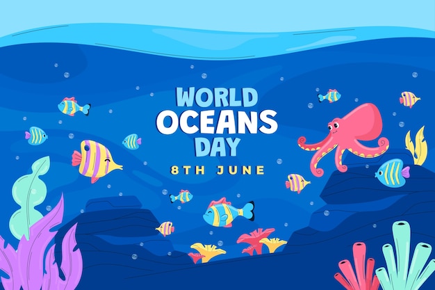 Плоский фон для празднования всемирного дня океанов с океанской жизнью