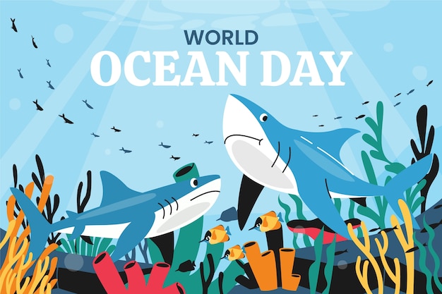 Flat background for world oceans day celebration with oceanic life