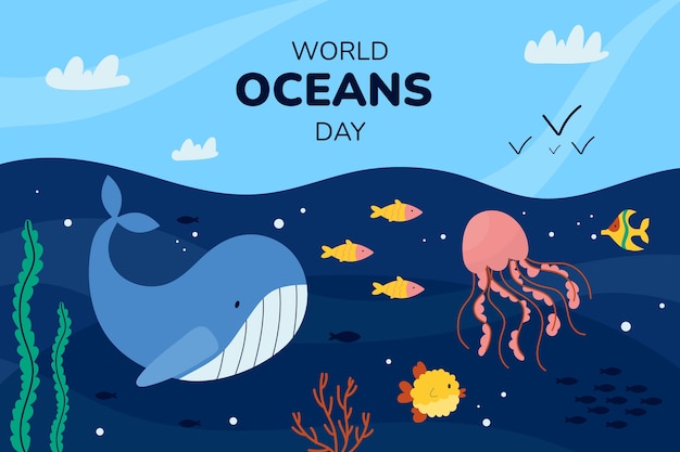 해양 생물과 함께하는 세계 해양의 날 축하를 위한 평평한 배경