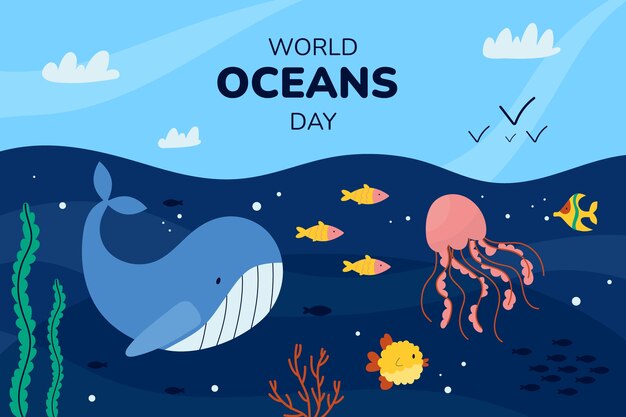 Flat background for world oceans day celebration with oceanic life