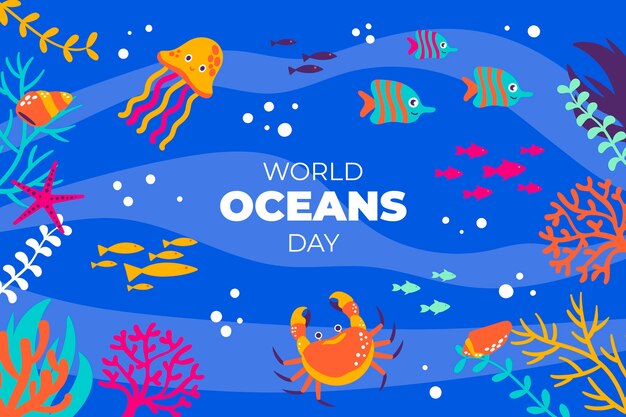 Flat background for world oceans day with aquatic creatures