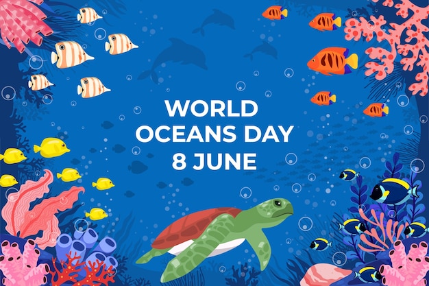 Flat background for world oceans day with aquatic creatures