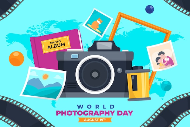 世界の写真撮影の日のお祝いのためのフラットな背景