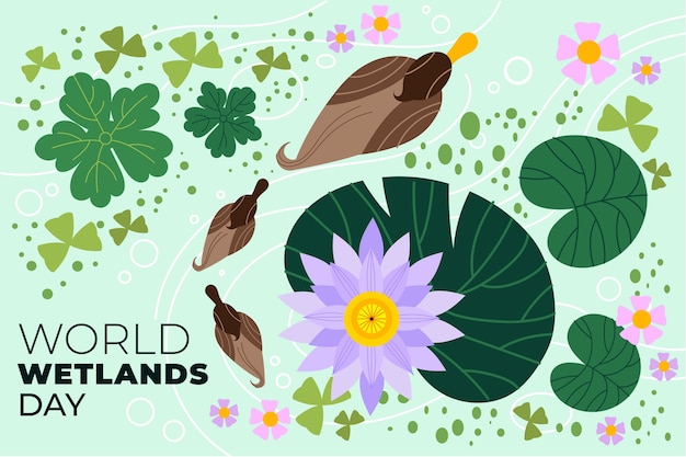 Free vector flat background for world wetlands day with flora and fauna