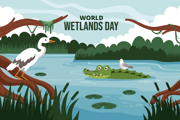 Flat background for world wetlands day with flora and fauna