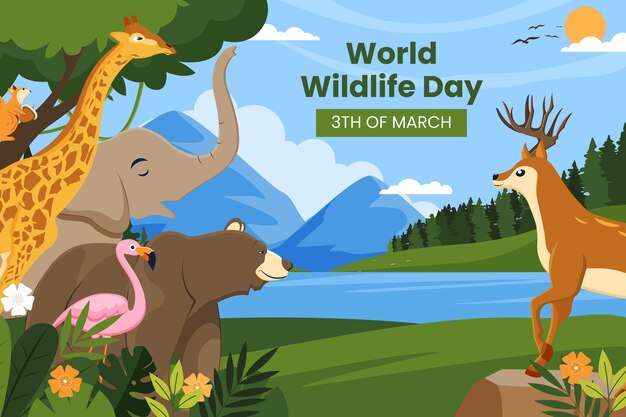 Flat background for world wildlife day with flora and fauna