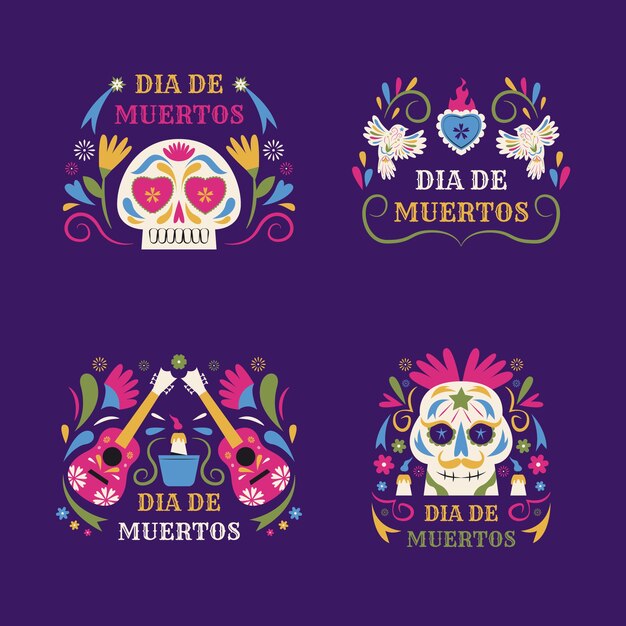 Flat badges collection for dia de muertos celebration
