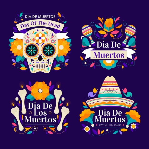 Flat badges collection for dia de muertos celebration