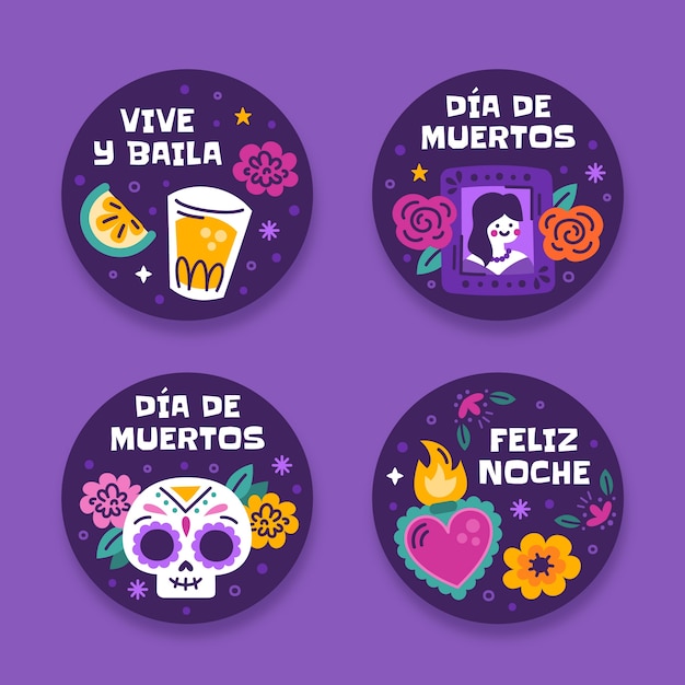 Free vector flat badges collection for dia de muertos celebration