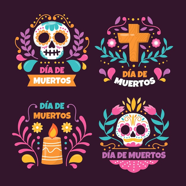 Free vector flat badges collection for dia de muertos celebration