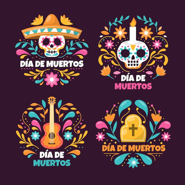 Free vector flat badges collection for dia de muertos celebration