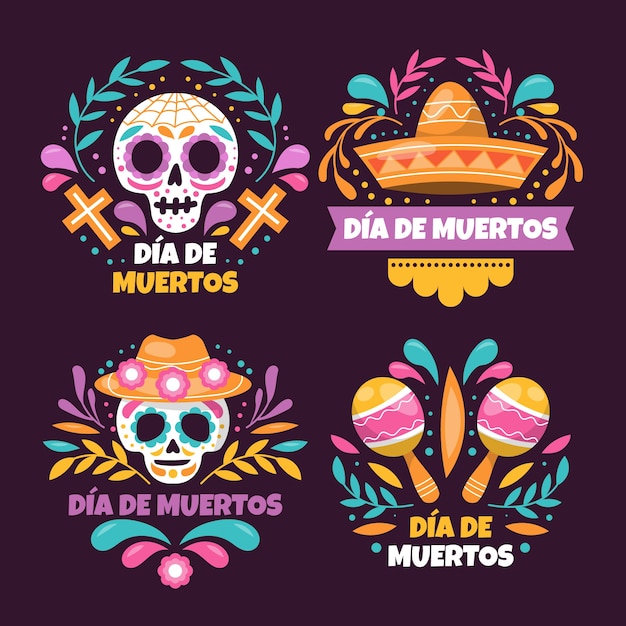 Free vector flat badges collection for dia de muertos celebration