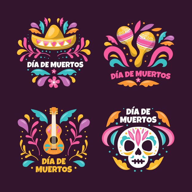 Flat badges collection for dia de muertos celebration