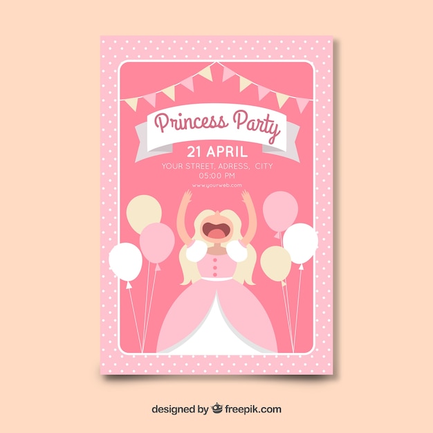 Free vector flat balloons princess party invitation template