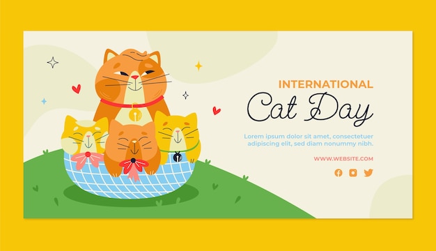 Бесплатное векторное изображение Шаблон плоского баннера для празднования международного дня кошек