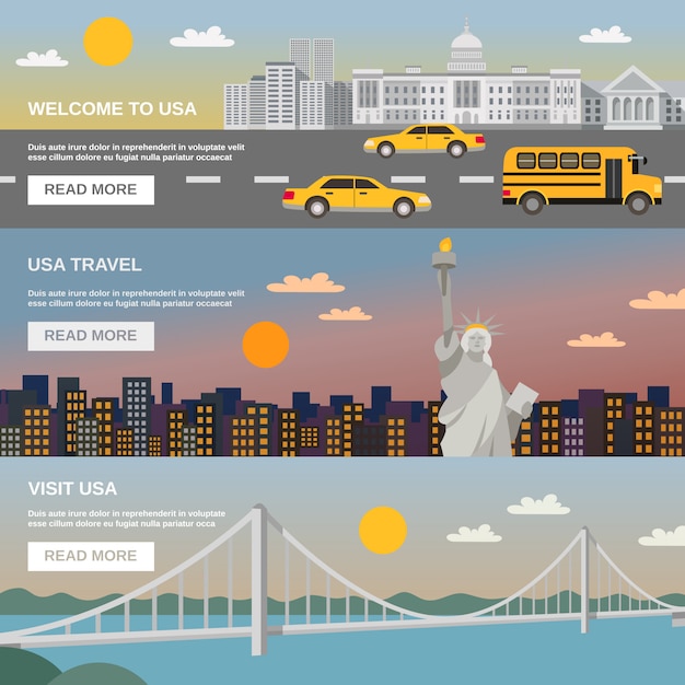 Flat banners set usa travel information