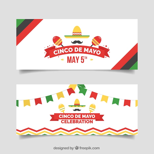 Vettore gratuito striscioni piane con elementi colorati per cinco de mayo